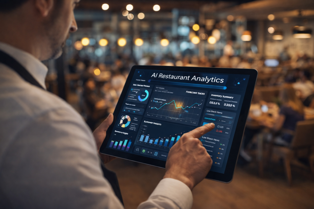 AI tools for restaurants dashboard showing sales analytics inventory tracking and customer insights