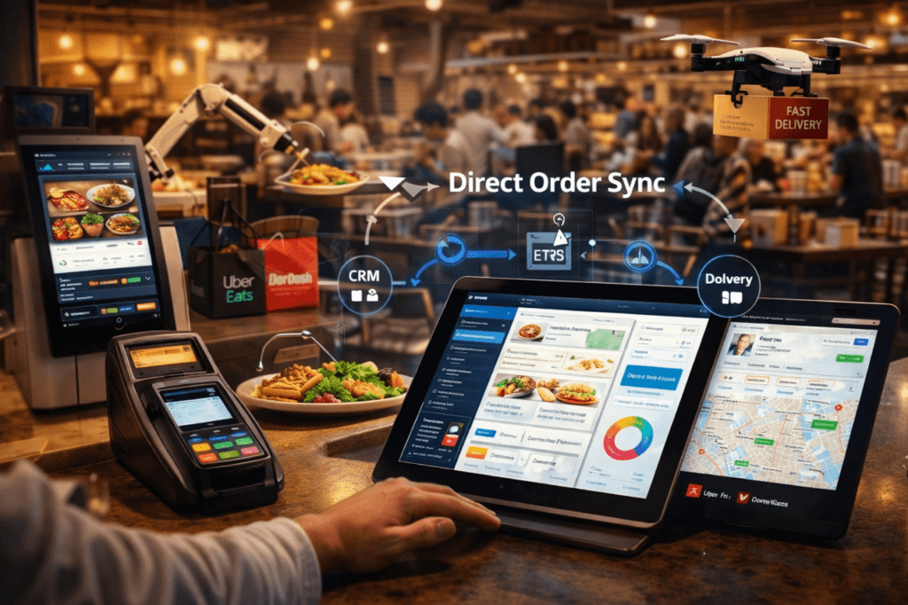 restaurant self service ordering system with self service kiosk and pos during busy service