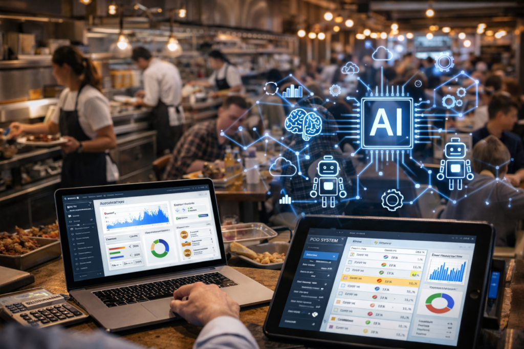 modern restaurant space where latest technology tabs are placed using AI tools to process day to day operations