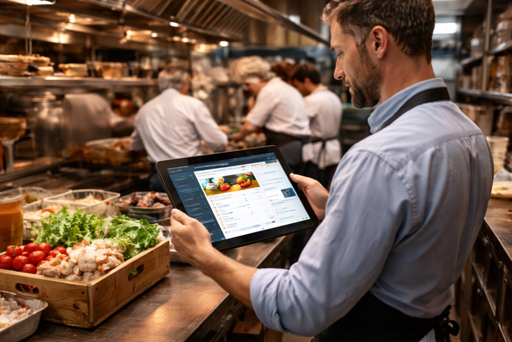 Restaurant manager using inventory management software in commercial kitchen