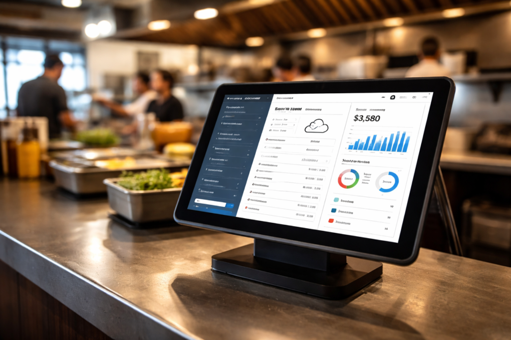 cloud POS system tablet dashboard used in a modern restaurant for real time order and sales tracking