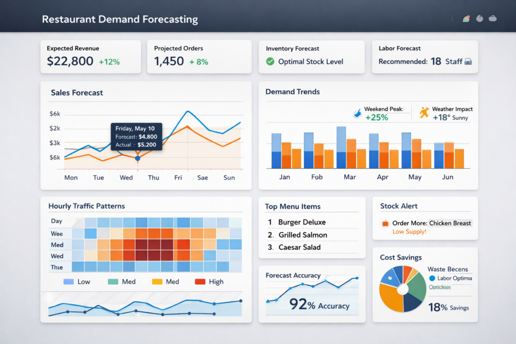 Data visualization showing restaurant demand trends, graphs and analytics interface, realistic, professional style
