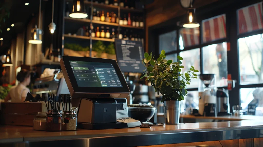 Restaurant POS system dashboard showing sales data and transaction costs in a modern restaurant setup