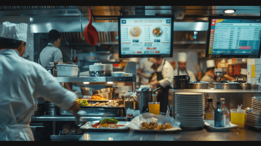 Small restaurant kitchen with optimized workflow using digital kitchen display system to manage orders, reduce ticket times, and improve operational efficiency