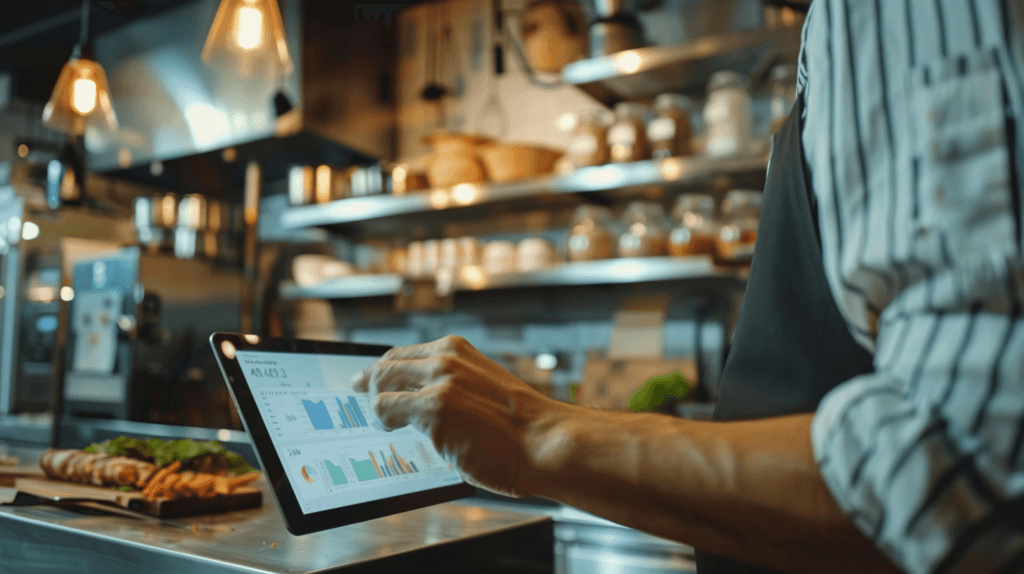 restaurant owner reviewing low-cost inventory software dashboard showing stock levels and food cost analytics