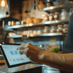 restaurant owner reviewing low-cost inventory software dashboard showing stock levels and food cost analytics