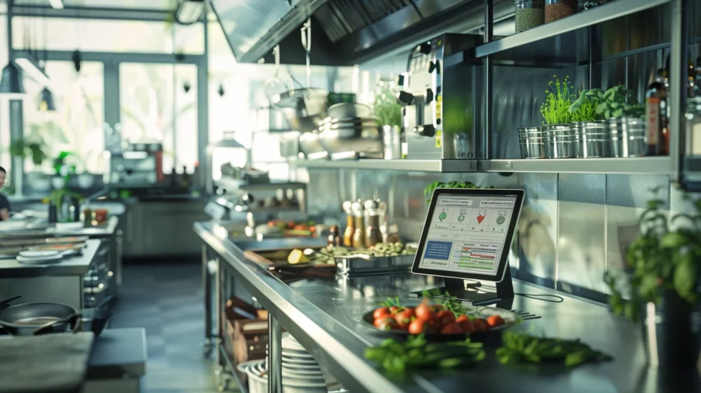 Restaurant inventory system dashboard in modern kitchen showing food cost tracking and stock management
