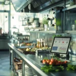 Restaurant inventory system dashboard in modern kitchen showing food cost tracking and stock management