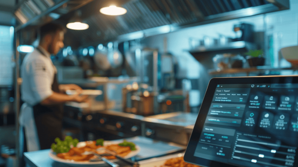 Small restaurant owner using operations dashboard with sales analytics, inventory tracking, and automation tools for SMB restaurants