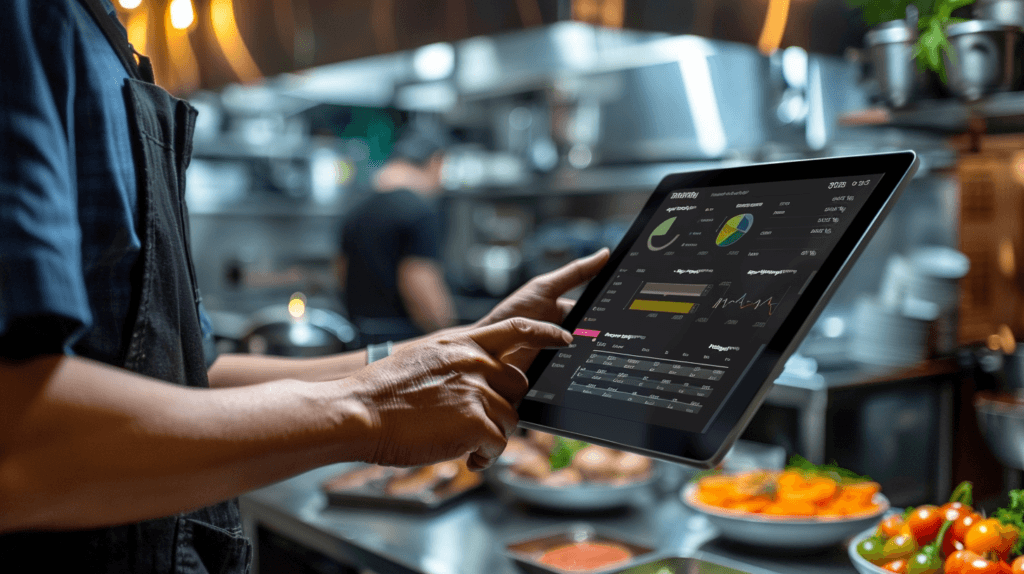 small restaurant owner working on a menu engineering with AI tools dashboard