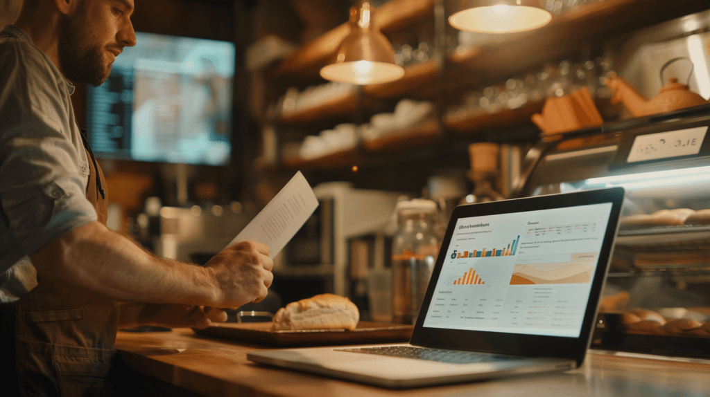 small restaurant owner reviewing menu with the help of AI to calculate the menu ROI